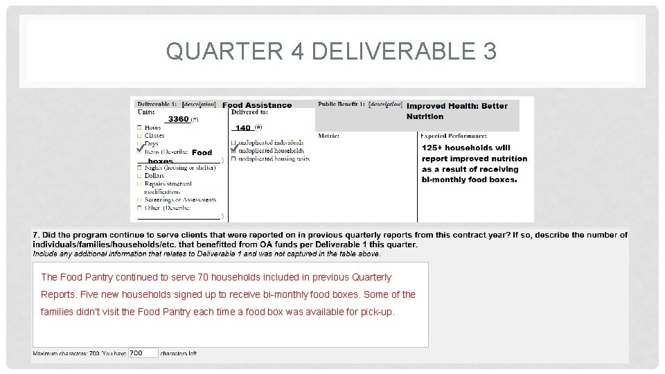 QUARTER 4 DELIVERABLE 3 The Food Pantry continued to serve 70 households included in QUARTER 4 DELIVERABLE 3 The Food Pantry continued to serve 70 households included in