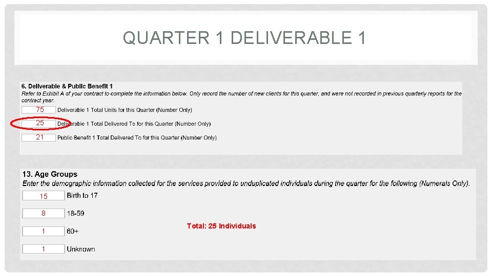 QUARTER 1 DELIVERABLE 1 75 25 21 15 8 1 1 Total: 25 Individuals QUARTER 1 DELIVERABLE 1 75 25 21 15 8 1 1 Total: 25 Individuals
