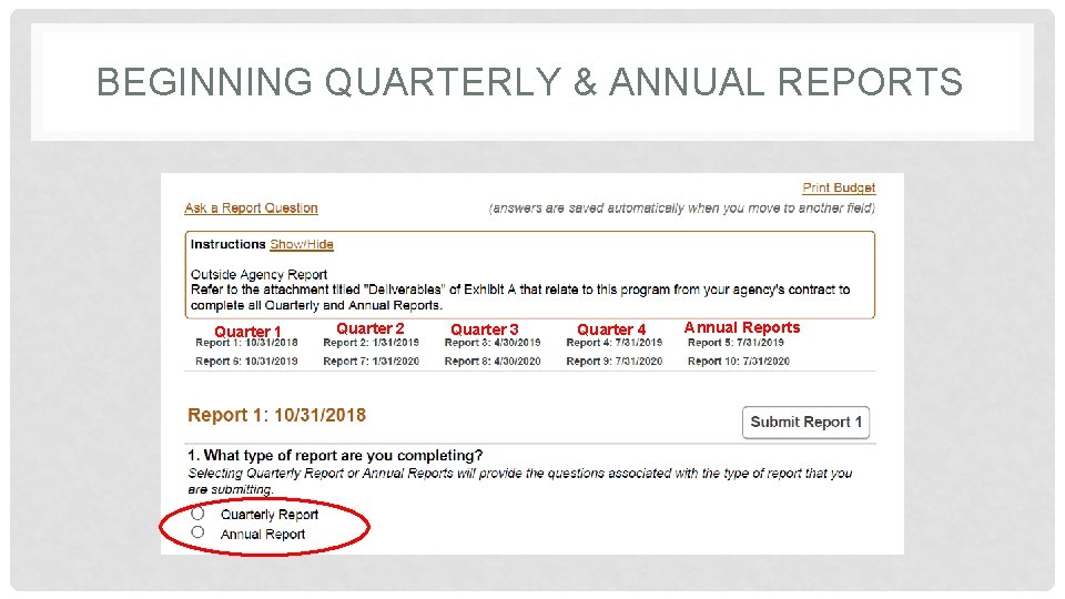 BEGINNING QUARTERLY & ANNUAL REPORTS Quarter 1 Quarter 2 Quarter 3 Quarter 4 Annual BEGINNING QUARTERLY & ANNUAL REPORTS Quarter 1 Quarter 2 Quarter 3 Quarter 4 Annual