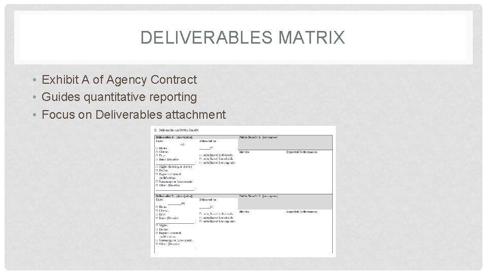DELIVERABLES MATRIX • Exhibit A of Agency Contract • Guides quantitative reporting • Focus DELIVERABLES MATRIX • Exhibit A of Agency Contract • Guides quantitative reporting • Focus