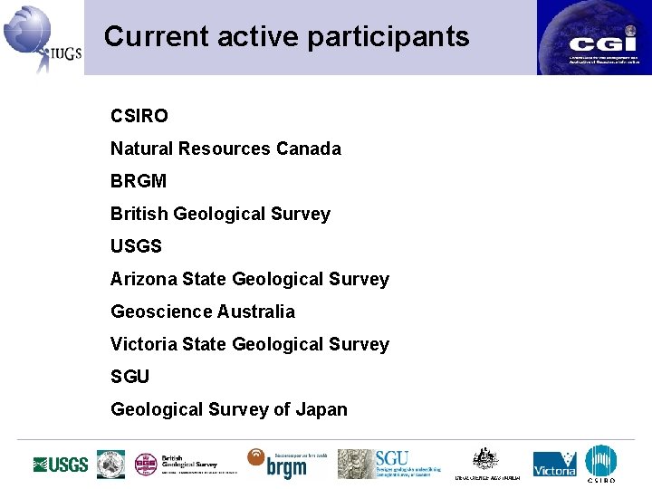 Current active participants CSIRO Natural Resources Canada BRGM British Geological Survey USGS Arizona State