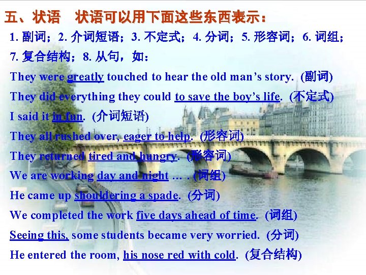 五、状语 状语可以用下面这些东西表示： 1. 副词； 2. 介词短语； 3. 不定式； 4. 分词； 5. 形容词； 6. 词组；