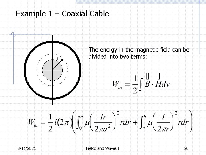 Example 1 – Coaxial Cable r 3/11/2021 The energy in the magnetic field can