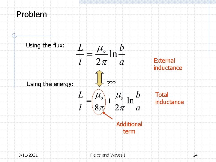 Problem Using the flux: External inductance Using the energy: ? ? ? Total inductance