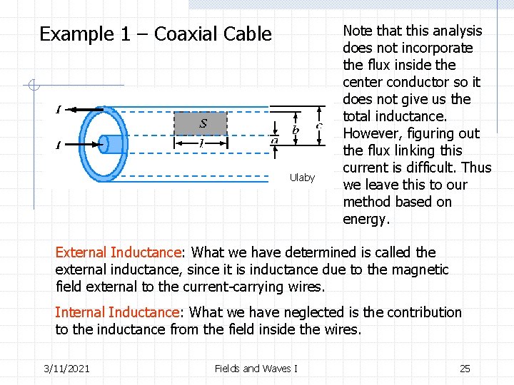 Example 1 – Coaxial Cable Ulaby Note that this analysis does not incorporate the