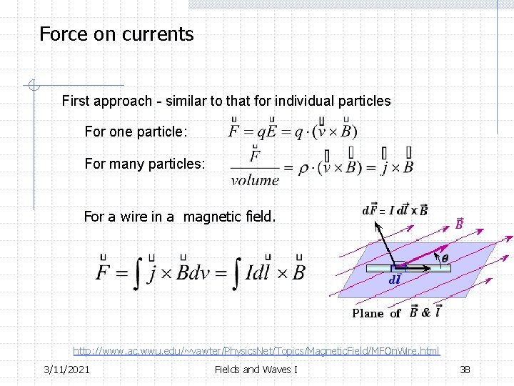 Force on currents First approach - similar to that for individual particles For one