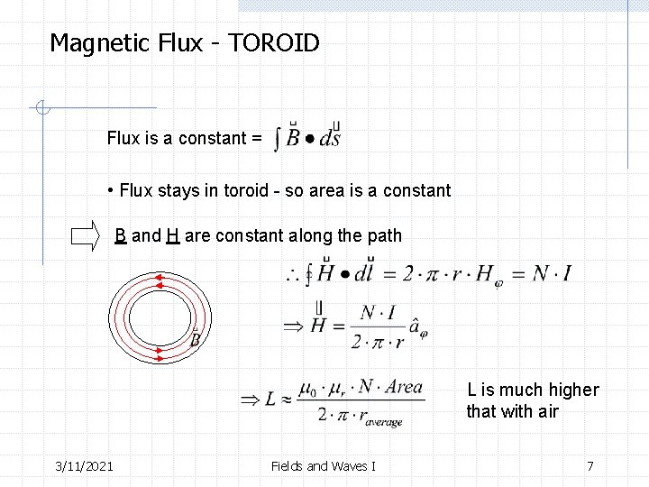 Magnetic Flux - TOROID Flux is a constant = • Flux stays in toroid