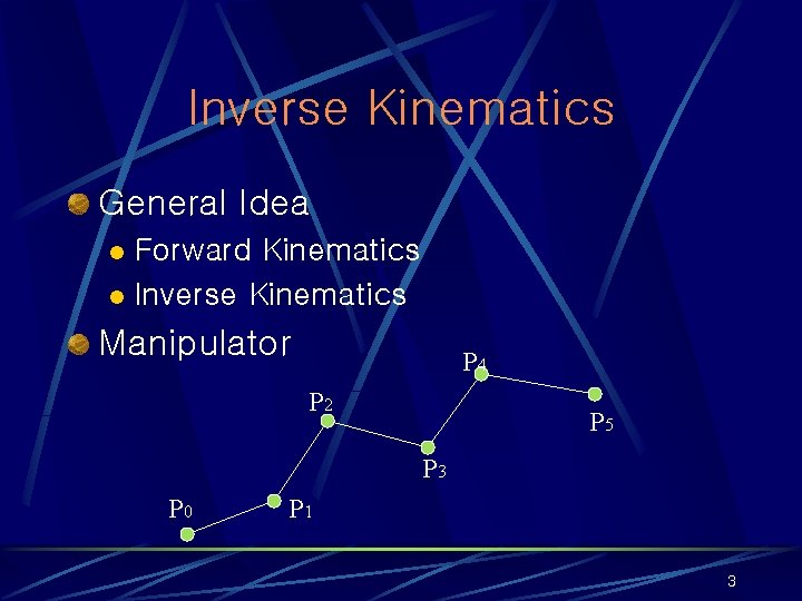 Inverse Kinematics General Idea Forward Kinematics l Inverse Kinematics l Manipulator P 4 P