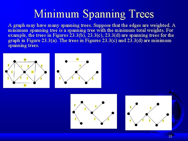 Minimum Spanning Trees A graph may have many spanning trees. Suppose that the edges