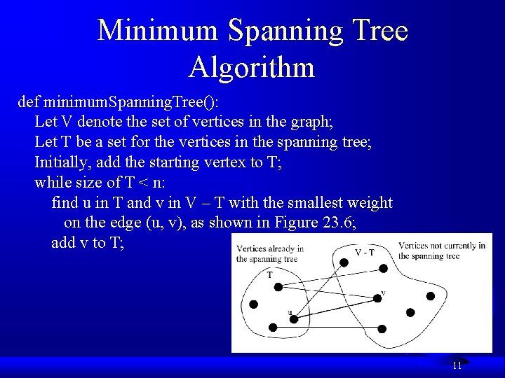 Minimum Spanning Tree Algorithm def minimum. Spanning. Tree(): Let V denote the set of