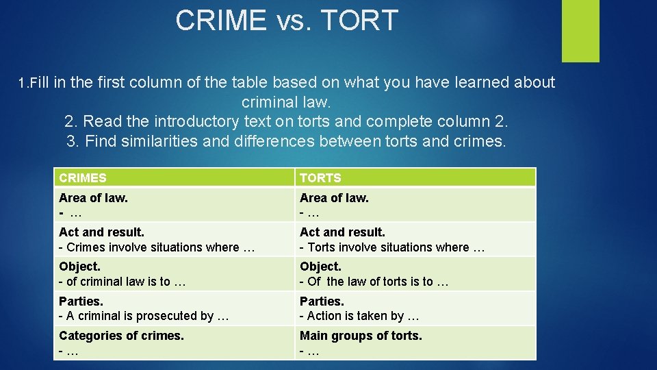 CRIME vs. TORT 1. Fill in the first column of the table based on