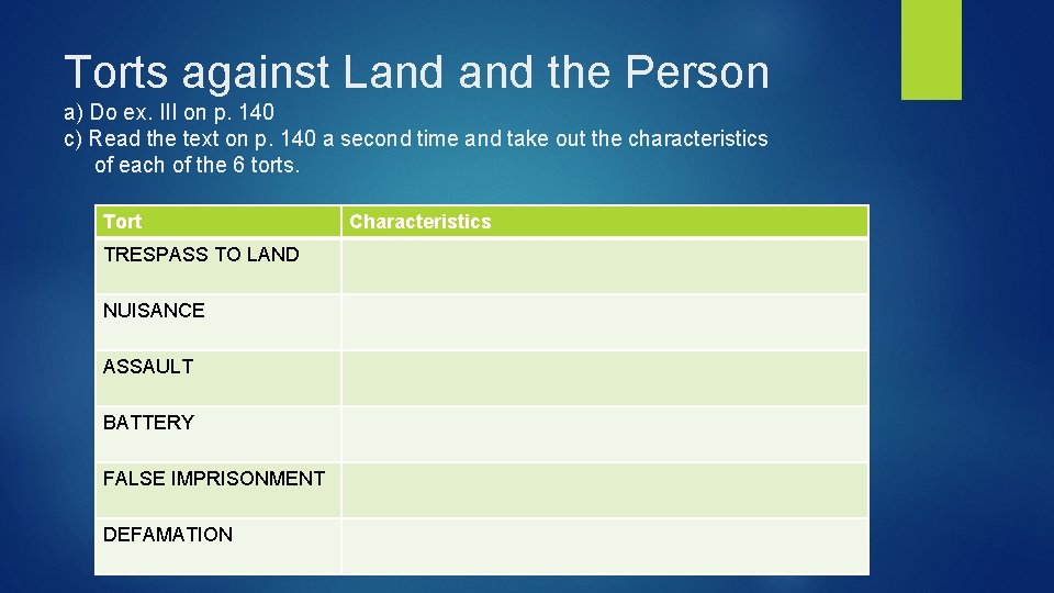Torts against Land the Person a) Do ex. III on p. 140 c) Read