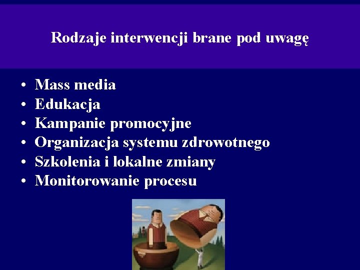 Rodzaje interwencji brane pod uwagę Szkolenia • • • Mass media Edukacja Kampanie promocyjne