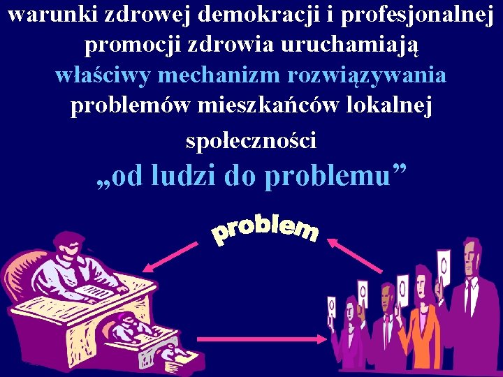 warunki zdrowej demokracji i profesjonalnej promocji zdrowia uruchamiają właściwy mechanizm rozwiązywania problemów mieszkańców lokalnej