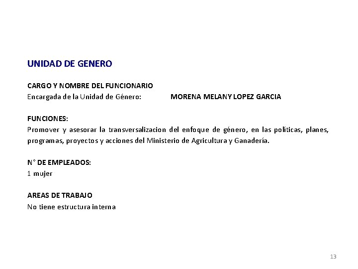 UNIDAD DE GENERO CARGO Y NOMBRE DEL FUNCIONARIO Encargada de la Unidad de Género: UNIDAD DE GENERO CARGO Y NOMBRE DEL FUNCIONARIO Encargada de la Unidad de Género: