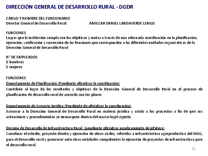 DIRECCIÓN GENERAL DE DESARROLLO RURAL - DGDR CARGO Y NOMBRE DEL FUNCIONARIO Director General