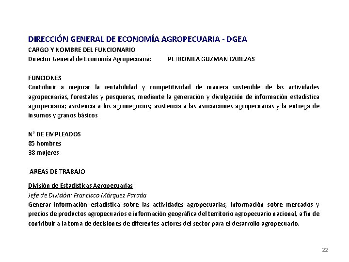DIRECCIÓN GENERAL DE ECONOMÍA AGROPECUARIA - DGEA CARGO Y NOMBRE DEL FUNCIONARIO Director General DIRECCIÓN GENERAL DE ECONOMÍA AGROPECUARIA - DGEA CARGO Y NOMBRE DEL FUNCIONARIO Director General