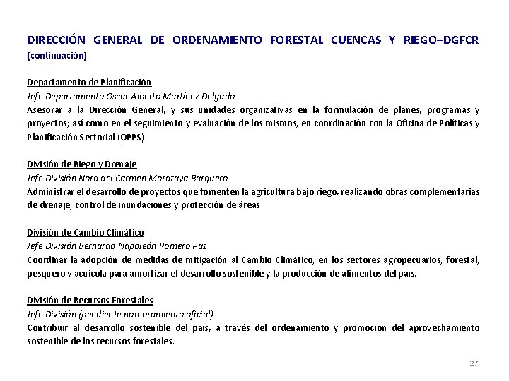 DIRECCIÓN GENERAL DE ORDENAMIENTO FORESTAL CUENCAS Y RIEGO–DGFCR (continuación) Departamento de Planificación Jefe Departamento