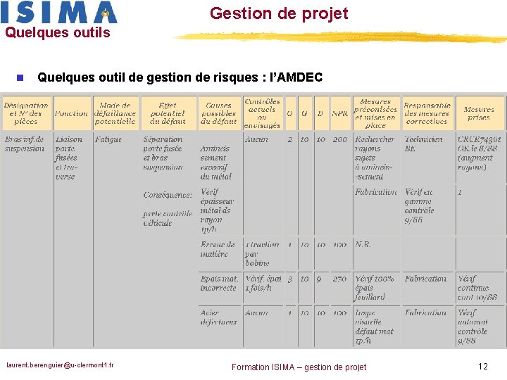 Gestion de projet Quelques outils n Quelques outil de gestion de risques : l’AMDEC