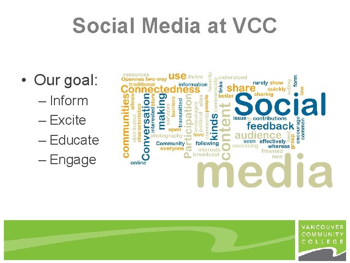 Social Media at VCC • Our goal: – Inform – Excite – Educate –