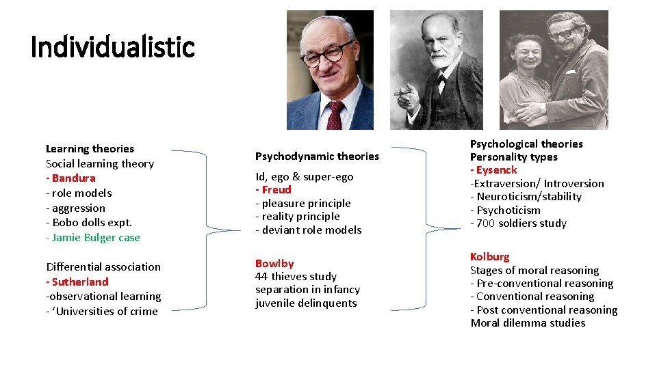 Individualistic Learning theories Social learning theory - Bandura - role models - aggression -