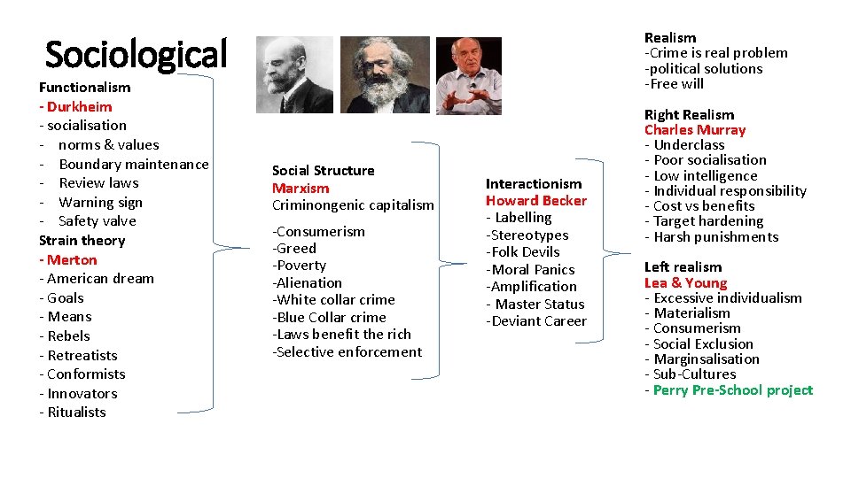 Realism -Crime is real problem -political solutions -Free will Sociological Functionalism - Durkheim -