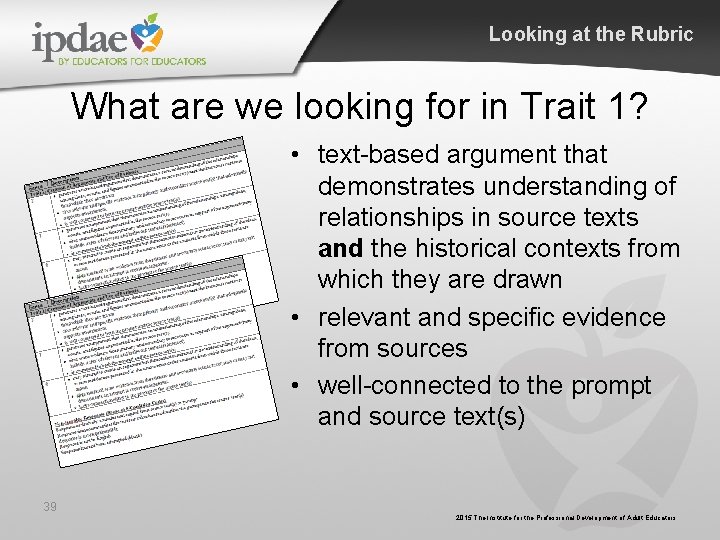Looking at the Rubric What are we looking for in Trait 1? • text-based Looking at the Rubric What are we looking for in Trait 1? • text-based