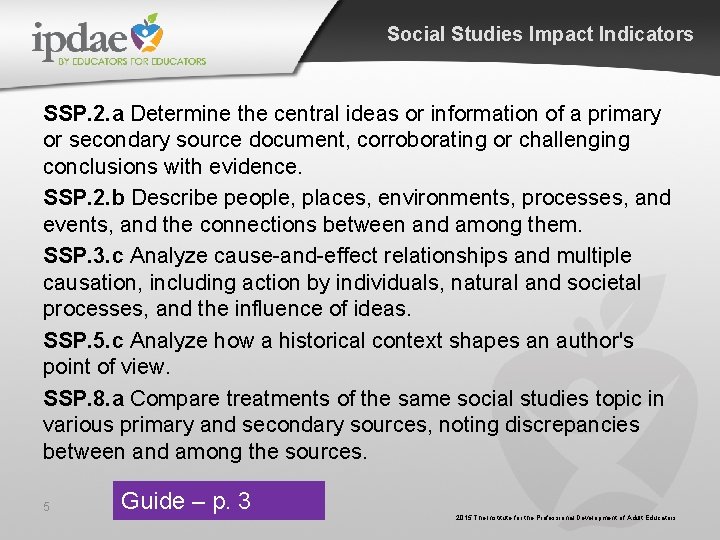 Social Studies Impact Indicators SSP. 2. a Determine the central ideas or information of Social Studies Impact Indicators SSP. 2. a Determine the central ideas or information of