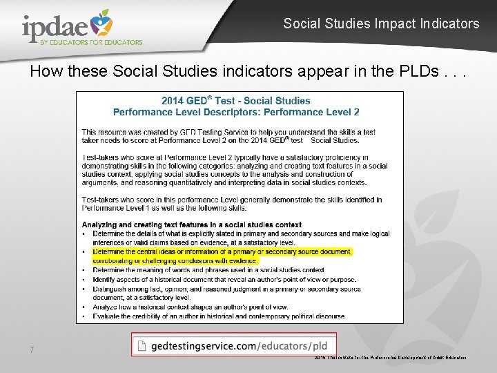 Social Studies Impact Indicators How these Social Studies indicators appear in the PLDs. . Social Studies Impact Indicators How these Social Studies indicators appear in the PLDs. .