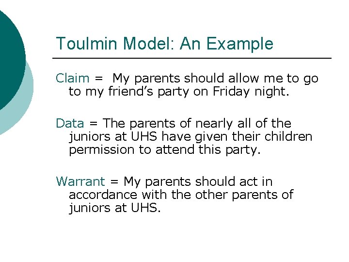 Toulmin Model: An Example Claim = My parents should allow me to go to