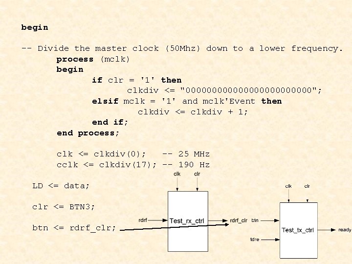 begin -- Divide the master clock (50 Mhz) down to a lower frequency. process