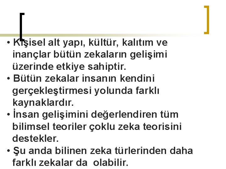  • Kişisel alt yapı, kültür, kalıtım ve inançlar bütün zekaların gelişimi üzerinde etkiye