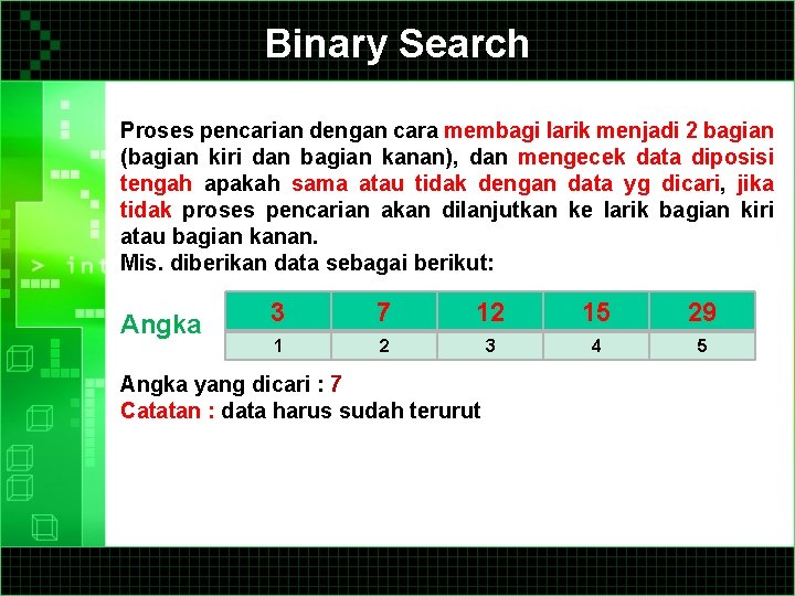 Binary Search Proses pencarian dengan cara membagi larik menjadi 2 bagian (bagian kiri dan