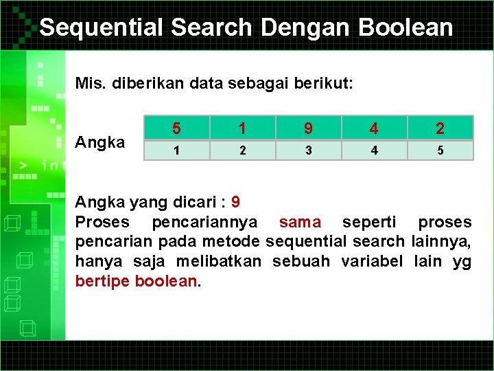 Sequential Search Dengan Boolean Mis. diberikan data sebagai berikut: Angka 5 1 9 4