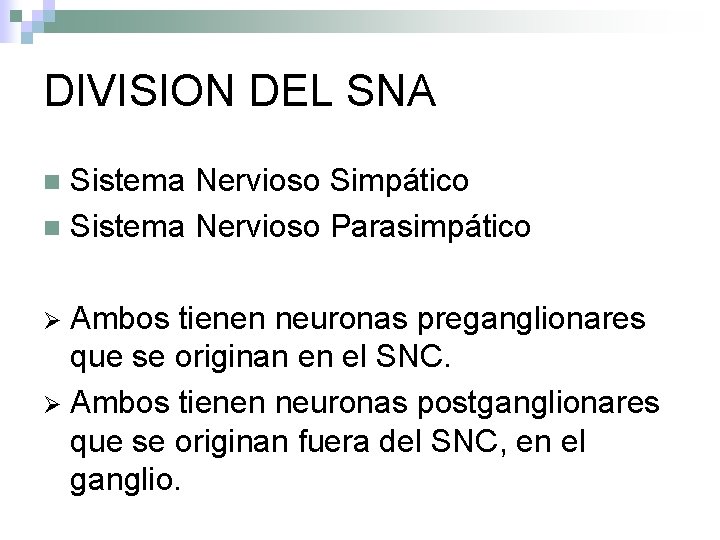 DIVISION DEL SNA Sistema Nervioso Simpático n Sistema Nervioso Parasimpático n Ambos tienen neuronas
