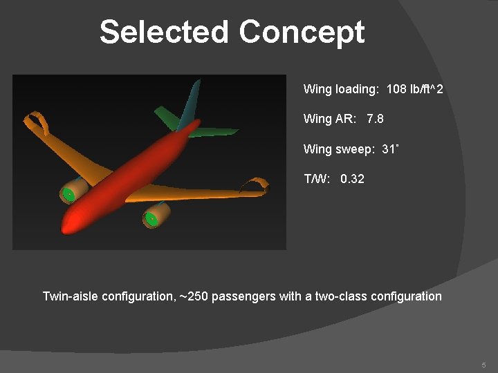 Selected Concept Wing loading: 108 lb/ft^2 Wing AR: 7. 8 Wing sweep: 31˚ T/W: