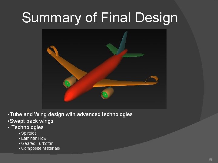 Summary of Final Design • Tube and Wing design with advanced technologies • Swept
