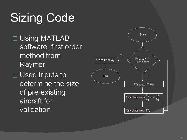 Sizing Code Using MATLAB software, first order method from Raymer � Used inputs to
