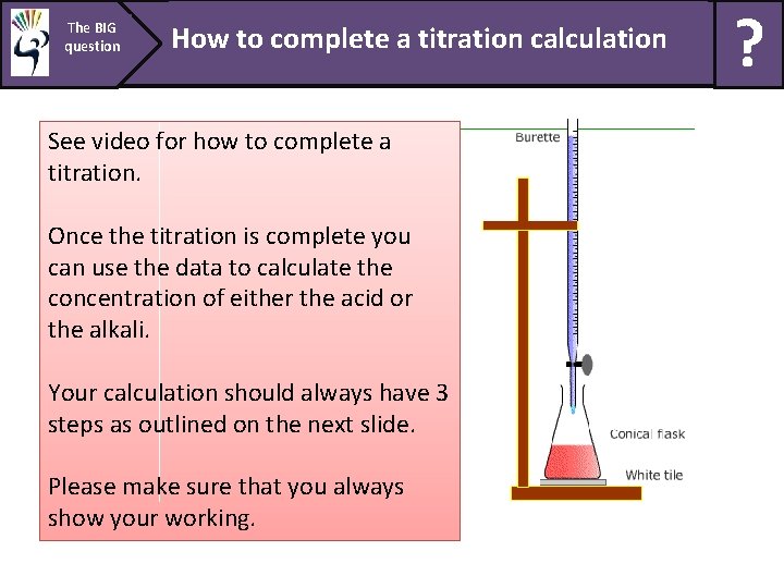 The BIG question How to complete a titration calculation See video for how to