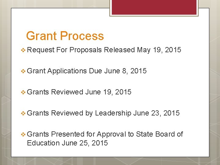 Grant Process v Request v Grant For Proposals Released May 19, 2015 Applications Due