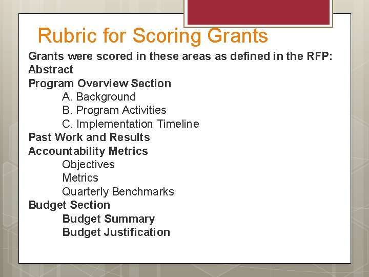 Rubric for Scoring Grants were scored in these areas as defined in the RFP: