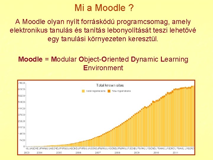 Mi a Moodle ? A Moodle olyan nyílt forráskódú programcsomag, amely elektronikus tanulás és