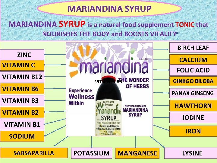 MARIANDINA SYRUP is a natural food supplement TONIC that NOURISHES THE BODY and BOOSTS MARIANDINA SYRUP is a natural food supplement TONIC that NOURISHES THE BODY and BOOSTS