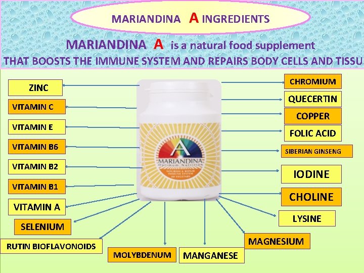 MARIANDINA A INGREDIENTS MARIANDINA A is a natural food supplement THAT BOOSTS THE IMMUNE MARIANDINA A INGREDIENTS MARIANDINA A is a natural food supplement THAT BOOSTS THE IMMUNE