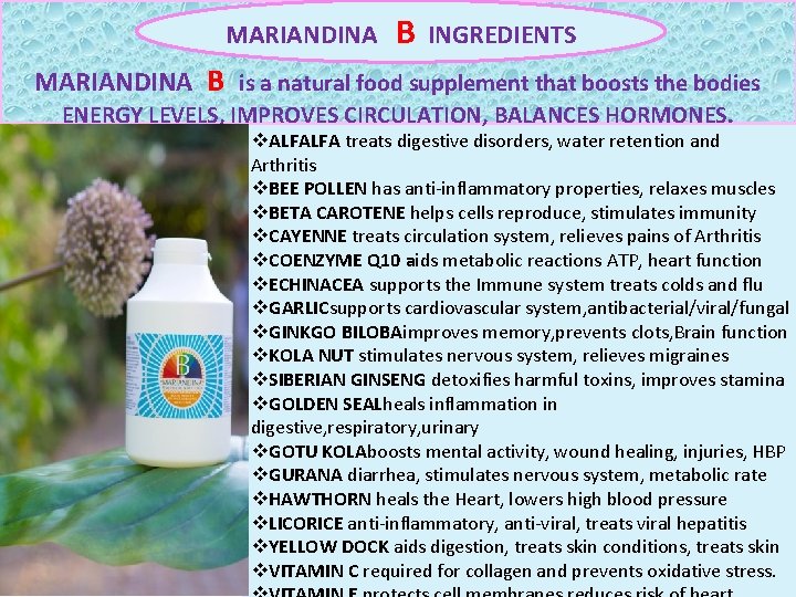 MARIANDINA B INGREDIENTS MARIANDINA B is a natural food supplement that boosts the bodies MARIANDINA B INGREDIENTS MARIANDINA B is a natural food supplement that boosts the bodies
