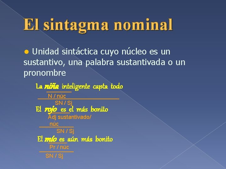 El sintagma nominal ● Unidad sintáctica cuyo núcleo es un sustantivo, una palabra sustantivada