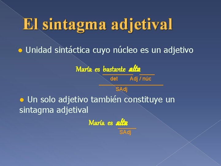 El sintagma adjetival ● Unidad sintáctica cuyo núcleo es un adjetivo María es _____