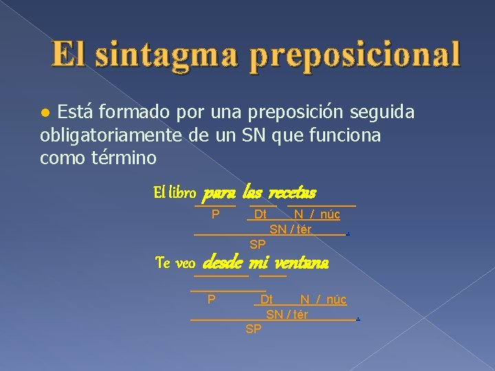 El sintagma preposicional ● Está formado por una preposición seguida obligatoriamente de un SN