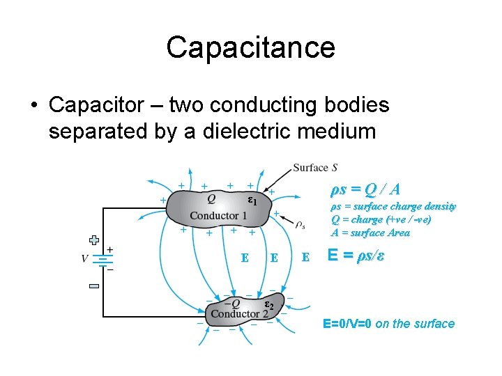 Capacitance • Capacitor – two conducting bodies separated by a dielectric medium ρs = Capacitance • Capacitor – two conducting bodies separated by a dielectric medium ρs =