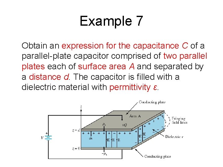 Example 7 Obtain an expression for the capacitance C of a parallel-plate capacitor comprised